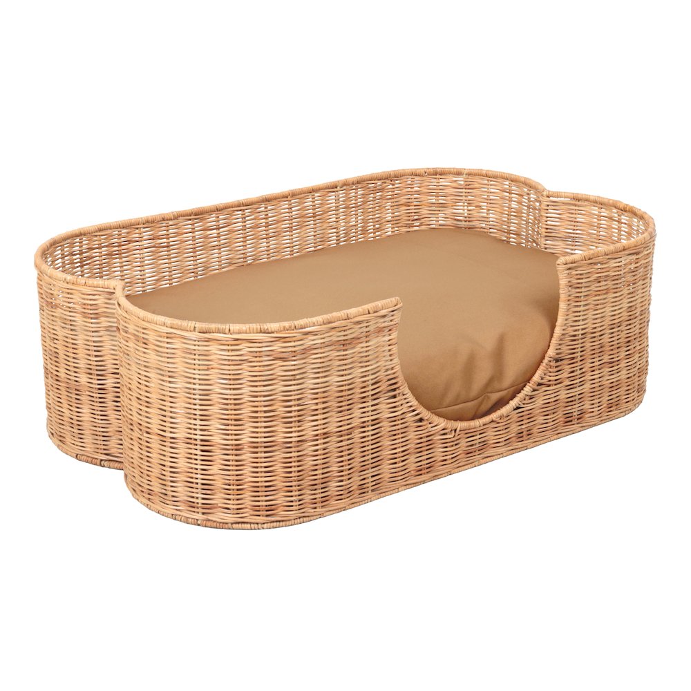 Scallop Tropical Water Hyacinth Pet Bed with Washable Cushion, Light Brown