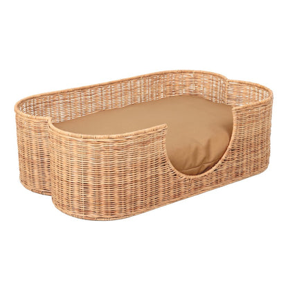 Scallop Tropical Water Hyacinth Pet Bed with Washable Cushion, Light Brown