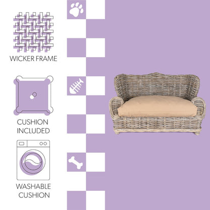Classic Mediterranean Handwoven Rattan Dog Daybed With Machine-Washable Cushion