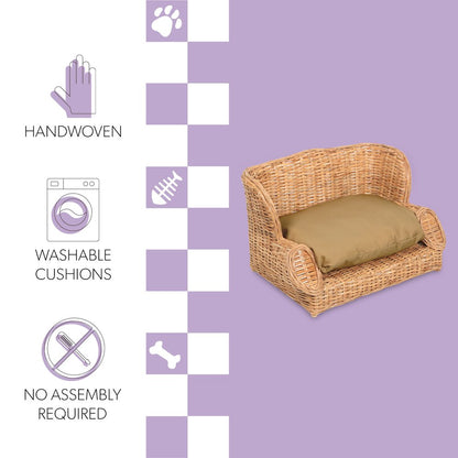 Classic Mediterranean Water Hyacinth Pet Daybed with Cushion, Light Brown
