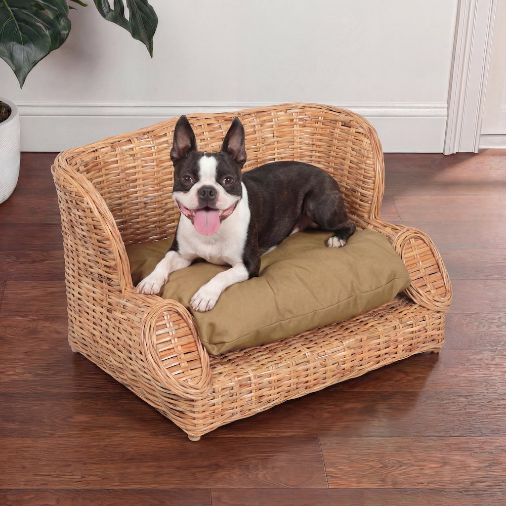 Classic Mediterranean Water Hyacinth Pet Daybed with Cushion, Light Brown