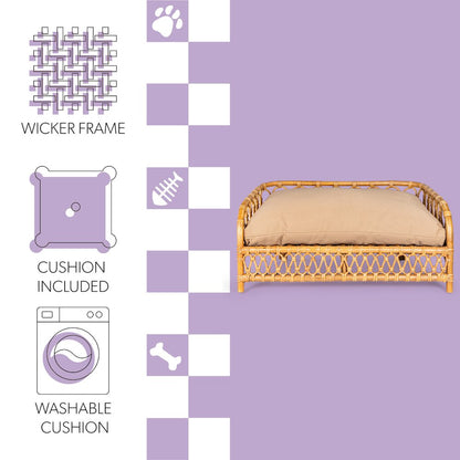 Elevated Bohemian Handwoven Rattan Dog Daybed With Machine-Washable Cushion