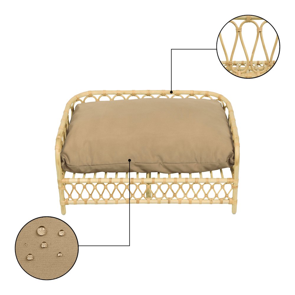 Elevated Bohemian Rattan Pet Daybed with Machine-Washable Cushion, Light Brown