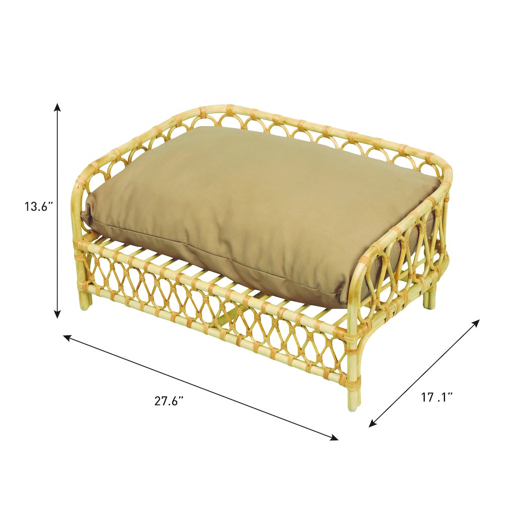 Elevated Bohemian Rattan Pet Daybed with Machine-Washable Cushion, Light Brown