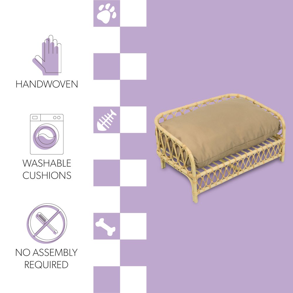 Elevated Bohemian Rattan Pet Daybed with Machine-Washable Cushion, Light Brown