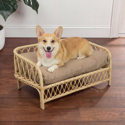 Elevated Bohemian Rattan Pet Daybed with Machine-Washable Cushion, Light Brown