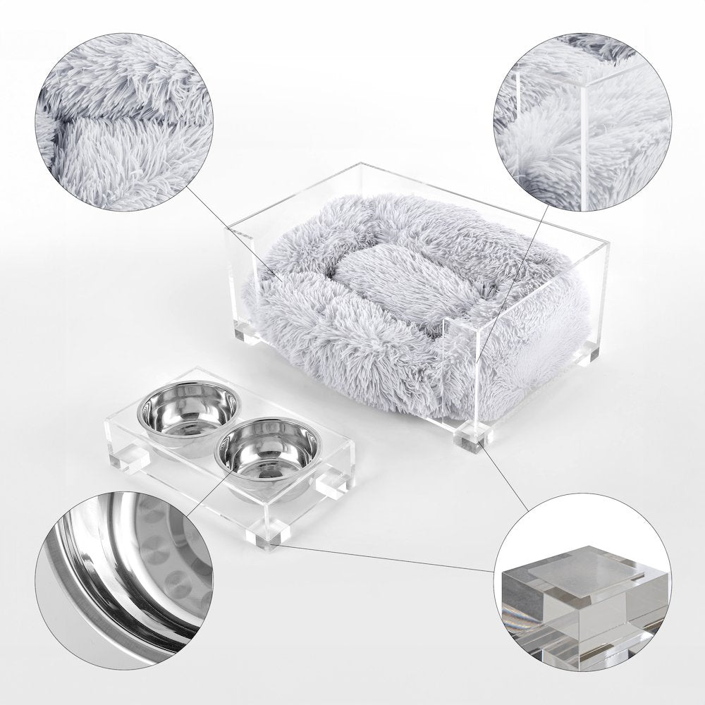 Fluffy Pet Bed with Washable Cushion and 4" Elevated Pet Feeder