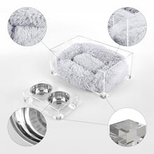 Fluffy Pet Bed with Washable Cushion and 4" Elevated Pet Feeder