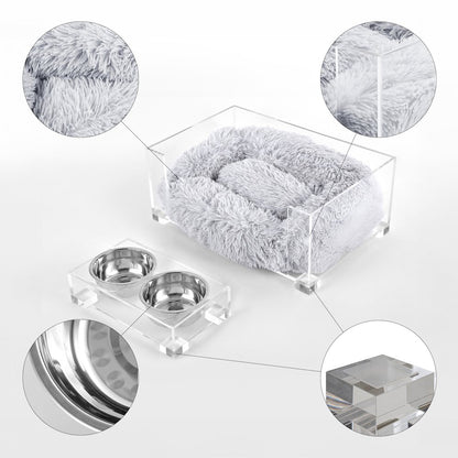 Fluffy Pet Bed with Washable Cushion and 4" Elevated Pet Feeder