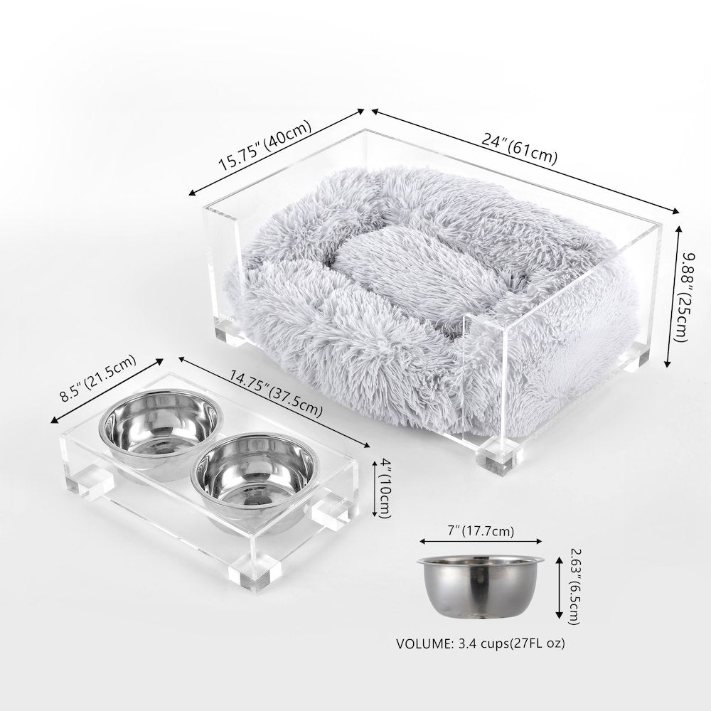 Fluffy Pet Bed with Washable Cushion and 4" Elevated Pet Feeder