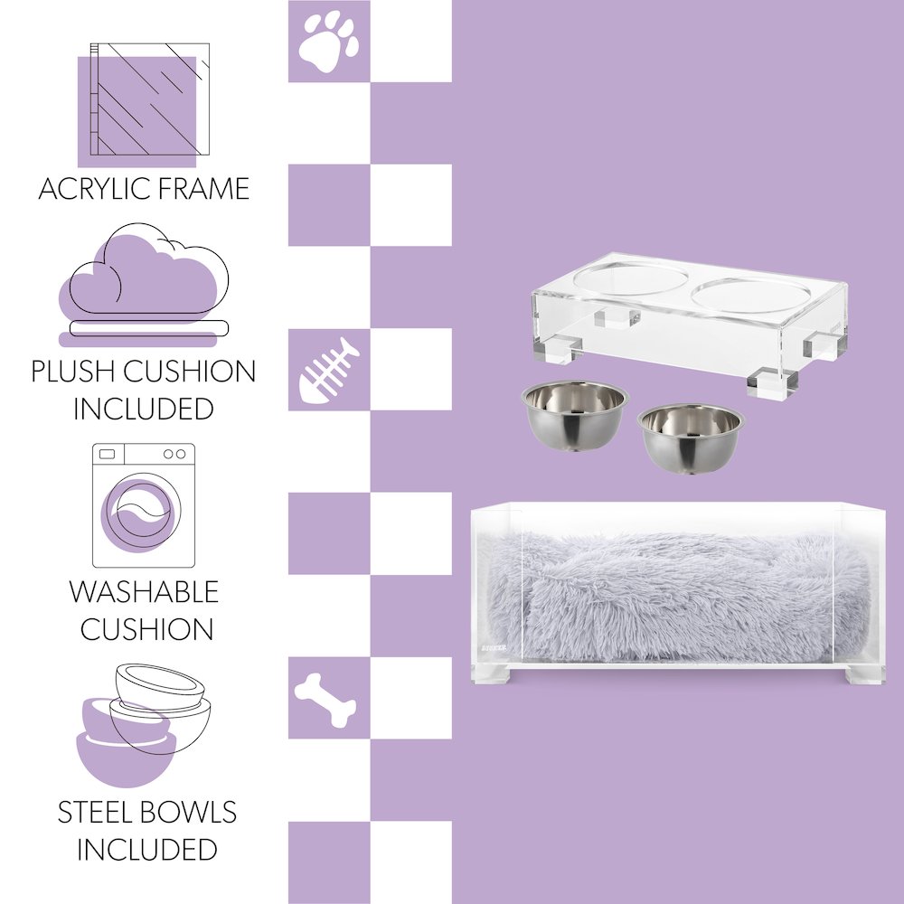 Fluffy Pet Bed with Washable Cushion and 4" Elevated Pet Feeder
