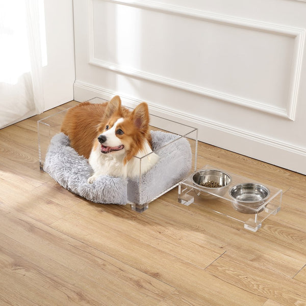 Fluffy Pet Bed with Washable Cushion and 4" Elevated Pet Feeder
