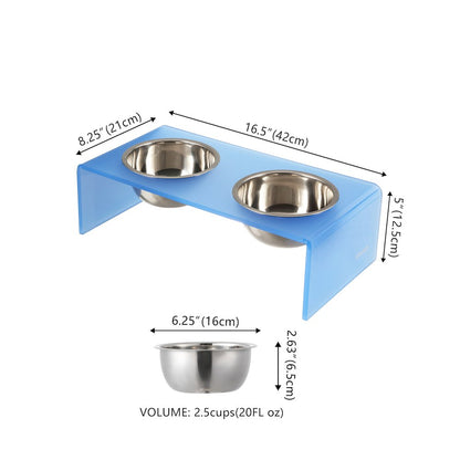5" Acrylic Rectangular Elevated Pet Feeder, 20oz 2-Stainless Steel Bowls, Blue