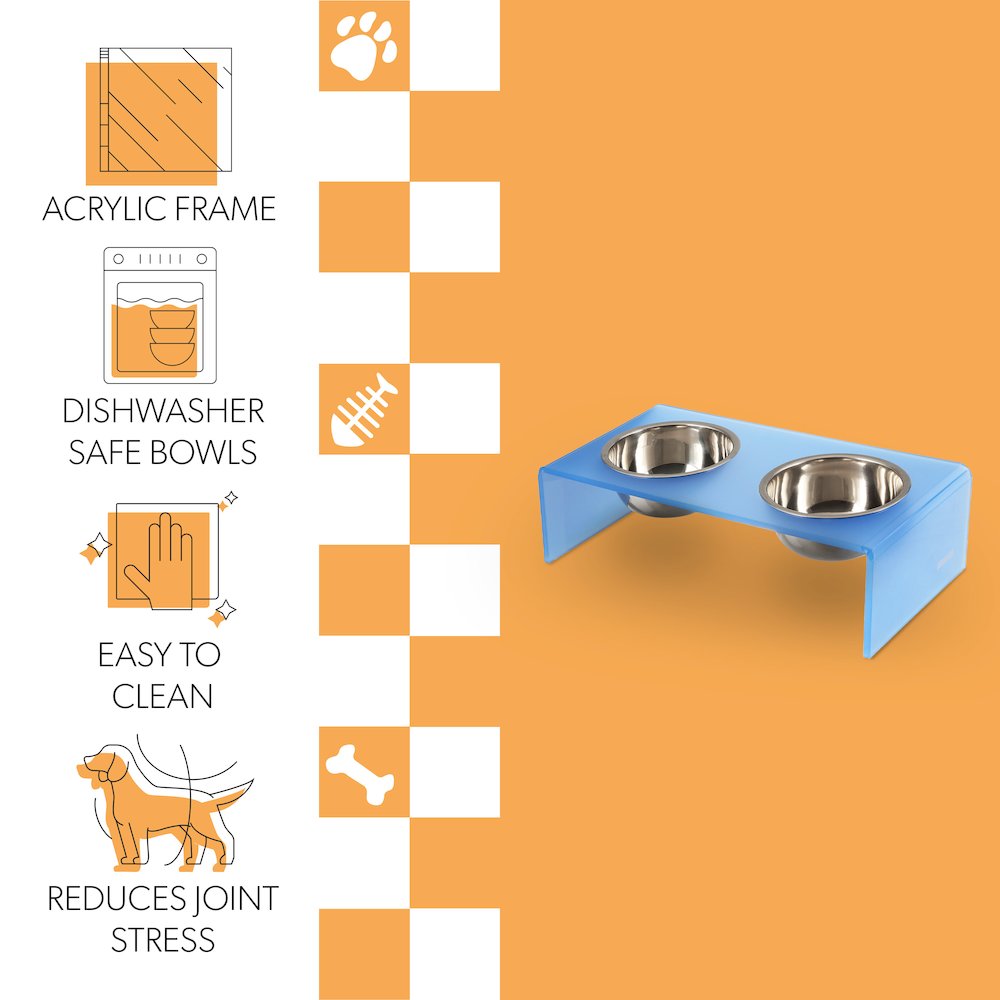 5" Acrylic Rectangular Elevated Pet Feeder, 20oz 2-Stainless Steel Bowls, Blue