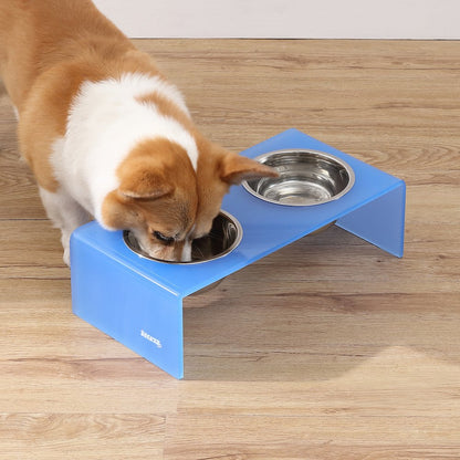 5" Acrylic Rectangular Elevated Pet Feeder, 20oz 2-Stainless Steel Bowls, Blue