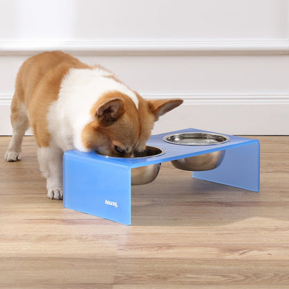 5" Acrylic Rectangular Elevated Pet Feeder, 20oz 2-Stainless Steel Bowls, Blue