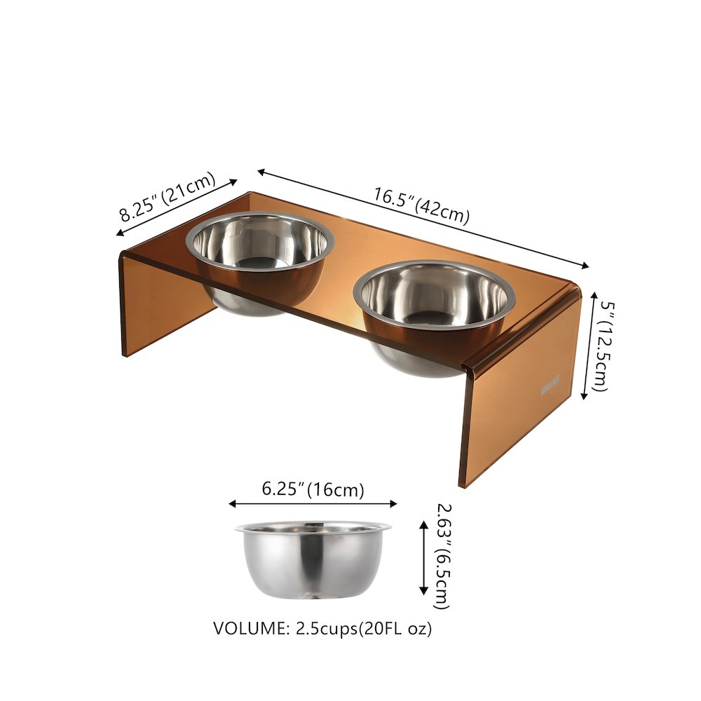 5" Acrylic Rectangular Elevated Pet Feeder, 20oz 2-Stainless Steel Bowls, Amber