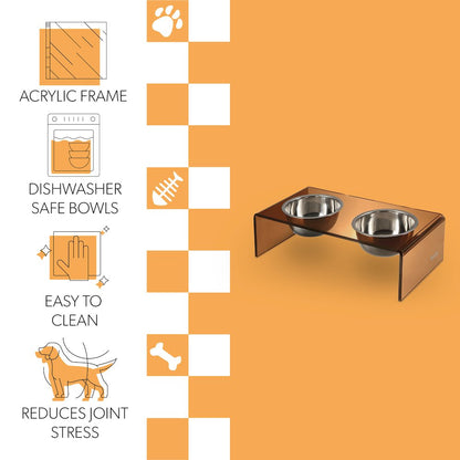 5" Acrylic Rectangular Elevated Pet Feeder, 20oz 2-Stainless Steel Bowls, Amber