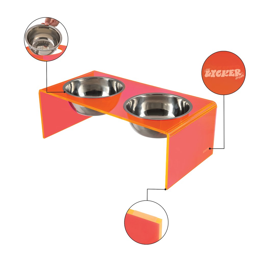 5" Acrylic Rectangular Elevated Pet Feeder, 20oz 2-Stainless Steel Bowls, Pink