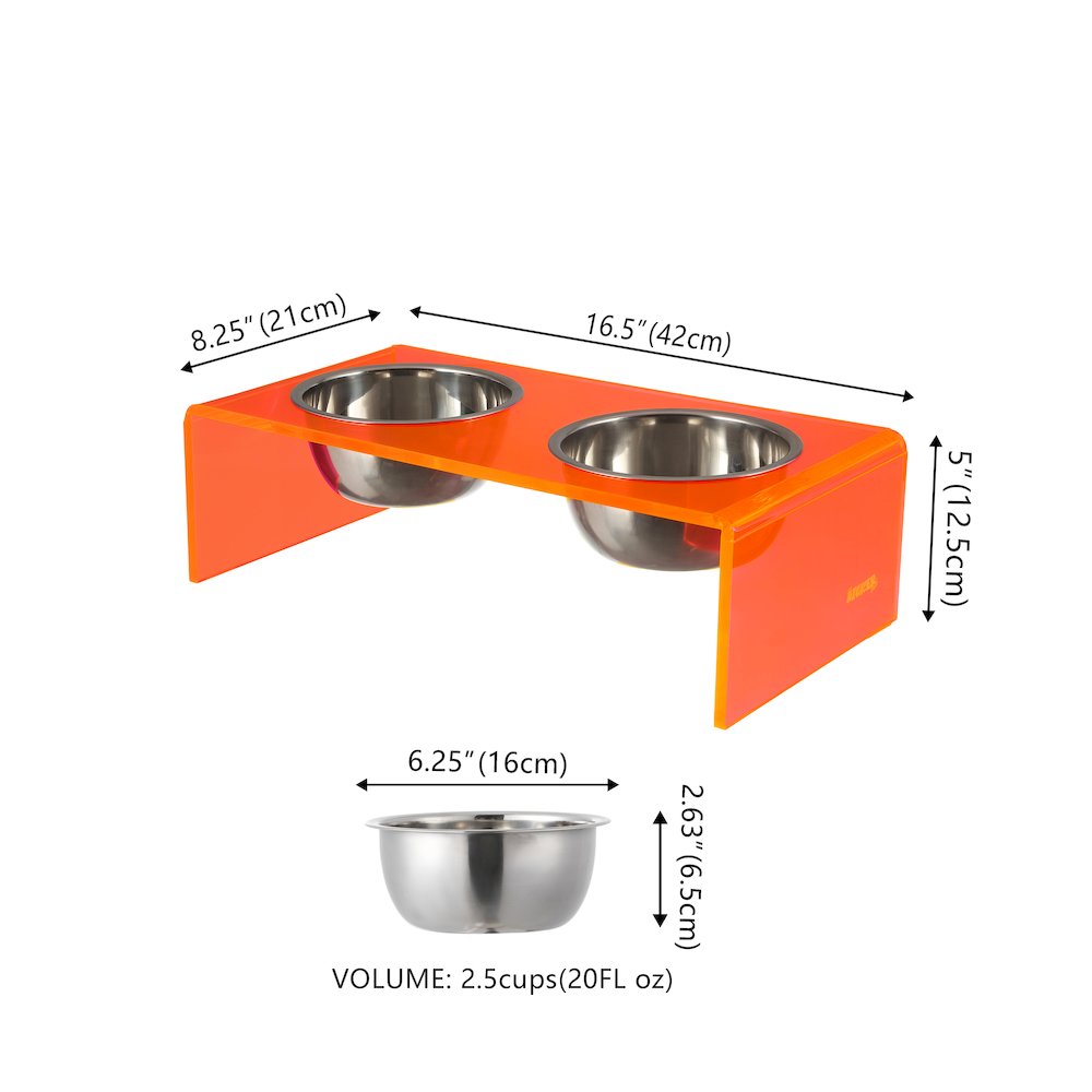 5" Acrylic Rectangular Elevated Pet Feeder, 20oz 2-Stainless Steel Bowls, Pink