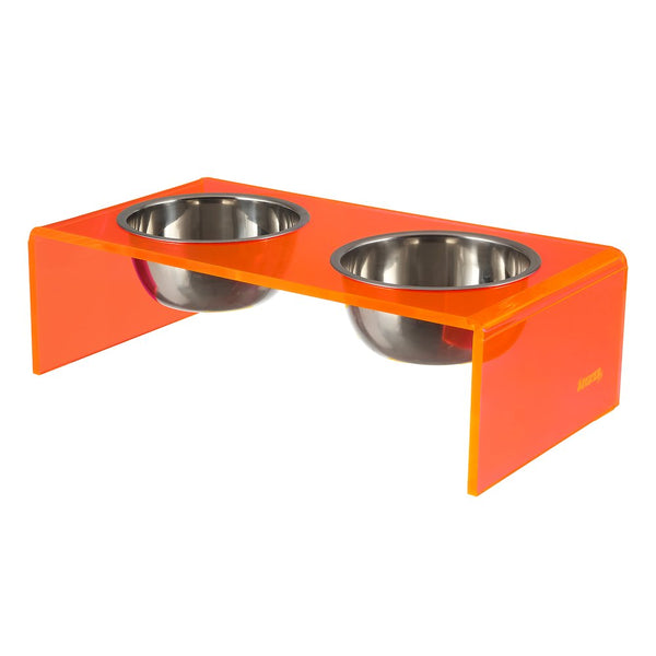5" Acrylic Rectangular Elevated Pet Feeder, 20oz 2-Stainless Steel Bowls, Pink