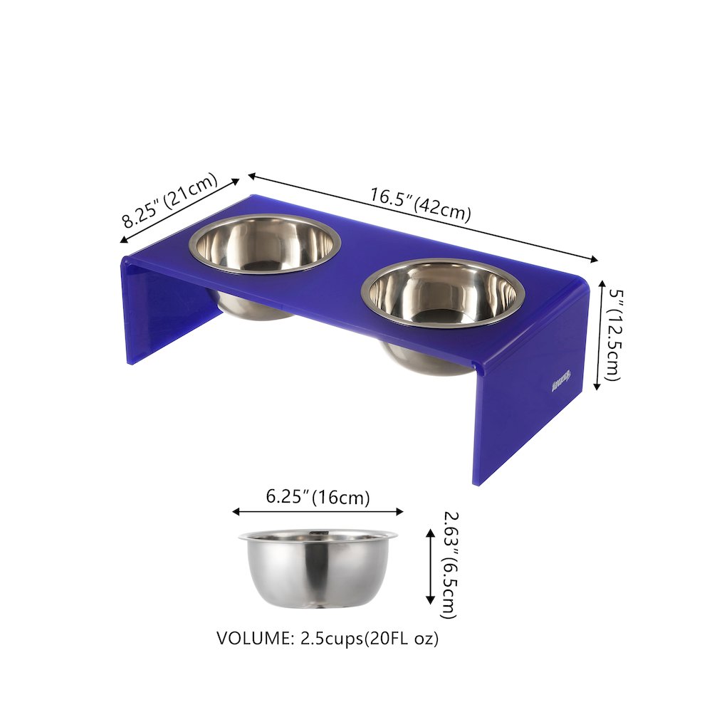 5" Acrylic Rectangular Elevated Pet Feeder, 20oz 2-Stainless Steel Bowls, Purple