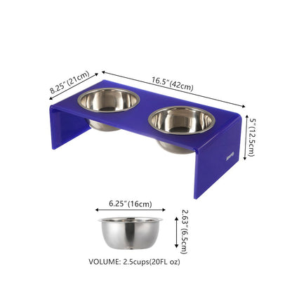 5" Acrylic Rectangular Elevated Pet Feeder, 20oz 2-Stainless Steel Bowls, Purple