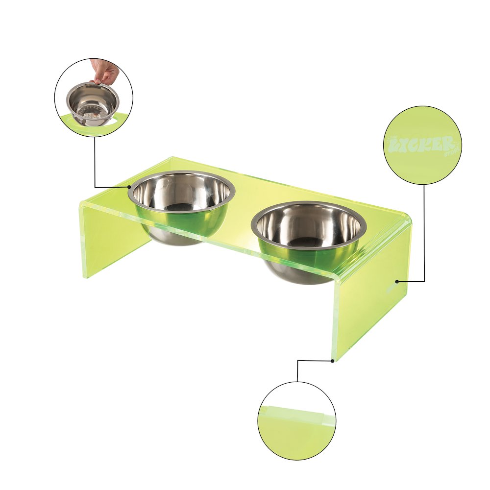 5" Acrylic Rectangular Elevated Pet Feeder, 20oz 2-Stainless Steel Bowls, Green