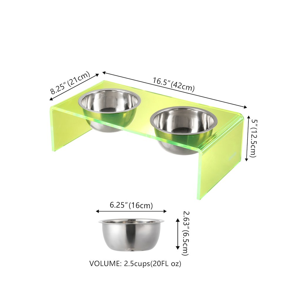 5" Acrylic Rectangular Elevated Pet Feeder, 20oz 2-Stainless Steel Bowls, Green
