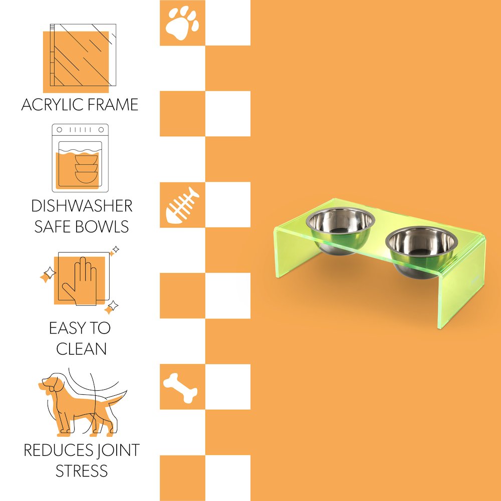 5" Acrylic Rectangular Elevated Pet Feeder, 20oz 2-Stainless Steel Bowls, Green