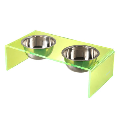 5" Acrylic Rectangular Elevated Pet Feeder, 20oz 2-Stainless Steel Bowls, Green