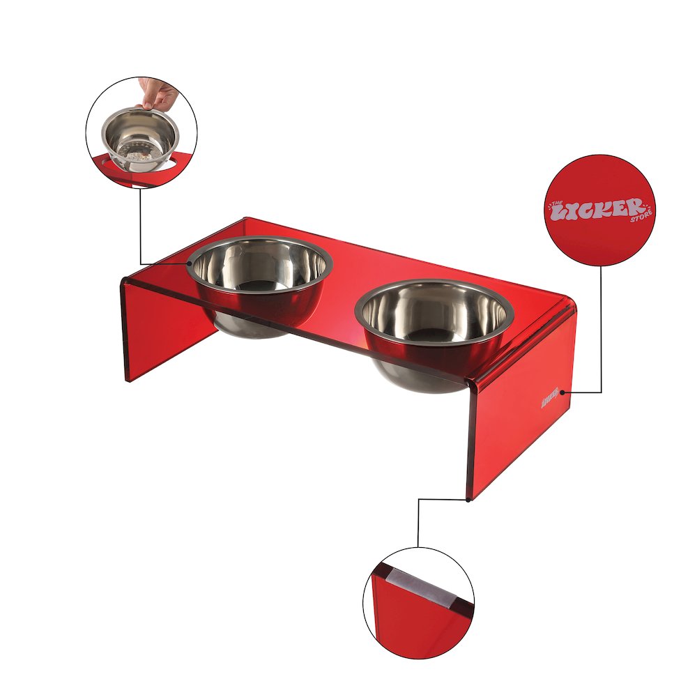5" Acrylic Rectangular Elevated Pet Feeder, 20oz 2-Stainless Steel Bowls, Red