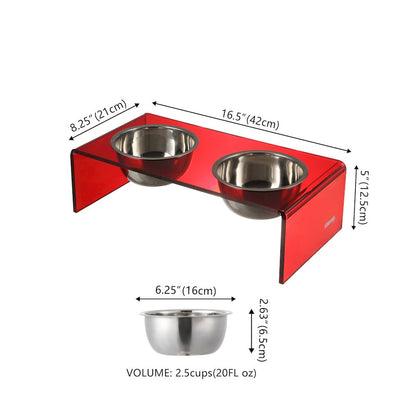 5" Acrylic Rectangular Elevated Pet Feeder, 20oz 2-Stainless Steel Bowls, Red