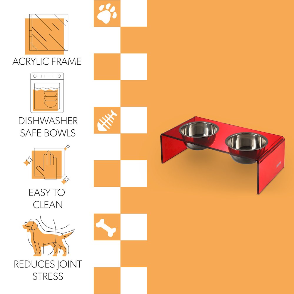 5" Acrylic Rectangular Elevated Pet Feeder, 20oz 2-Stainless Steel Bowls, Red