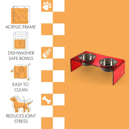 5" Acrylic Rectangular Elevated Pet Feeder, 20oz 2-Stainless Steel Bowls, Red