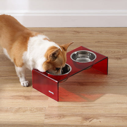 5" Acrylic Rectangular Elevated Pet Feeder, 20oz 2-Stainless Steel Bowls, Red