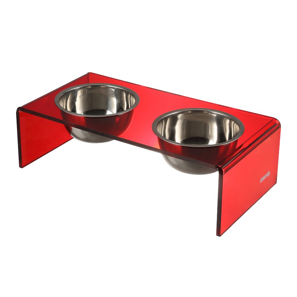 5" Acrylic Rectangular Elevated Pet Feeder, 20oz 2-Stainless Steel Bowls, Red