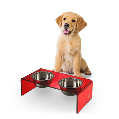 5" Acrylic Rectangular Elevated Pet Feeder, 20oz 2-Stainless Steel Bowls, Red