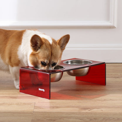 5" Acrylic Rectangular Elevated Pet Feeder, 20oz 2-Stainless Steel Bowls, Red