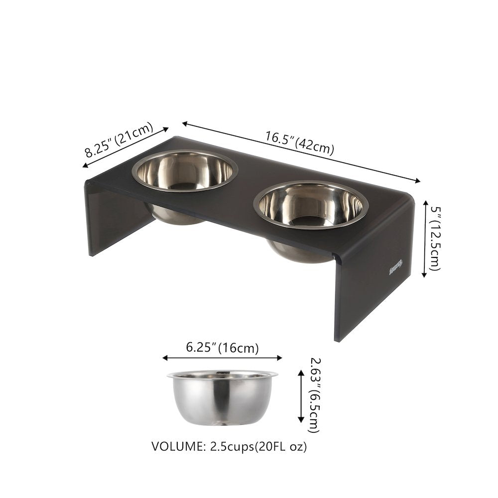 5" Acrylic Rectangular Elevated Pet Feeder, 20oz 2-Stainless Steel Bowls, Gray