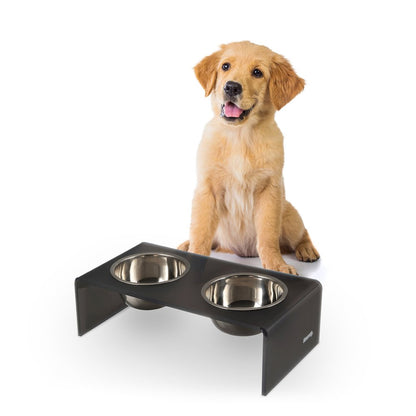 5" Acrylic Rectangular Elevated Pet Feeder, 20oz 2-Stainless Steel Bowls, Gray