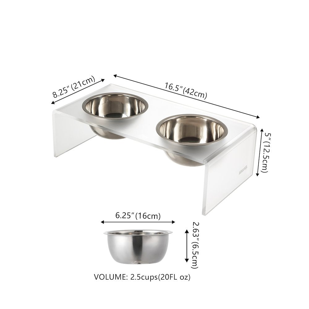 5" Acrylic Rectangular Elevated Pet Feeder, 20oz 2-Stainless Steel Bowls, White