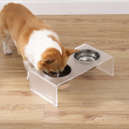 5" Acrylic Rectangular Elevated Pet Feeder, 20oz 2-Stainless Steel Bowls, White
