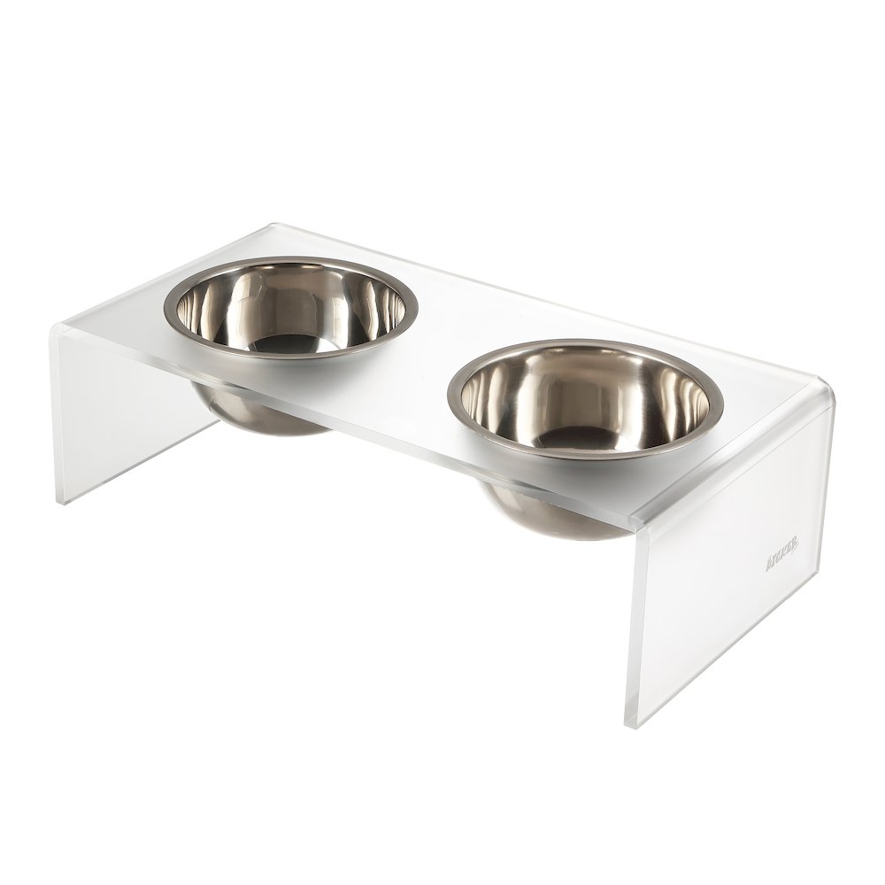 5" Acrylic Rectangular Elevated Pet Feeder, 20oz 2-Stainless Steel Bowls, White