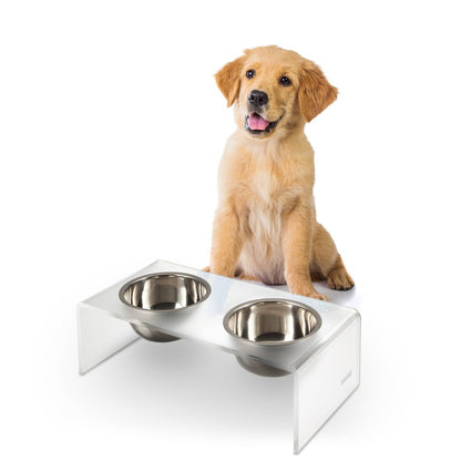 5" Acrylic Rectangular Elevated Pet Feeder, 20oz 2-Stainless Steel Bowls, White