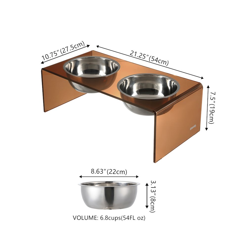 7.5" Rectangular Elevated Pet Feeder, 54oz 2-Stainless Steel Bowls, Amber