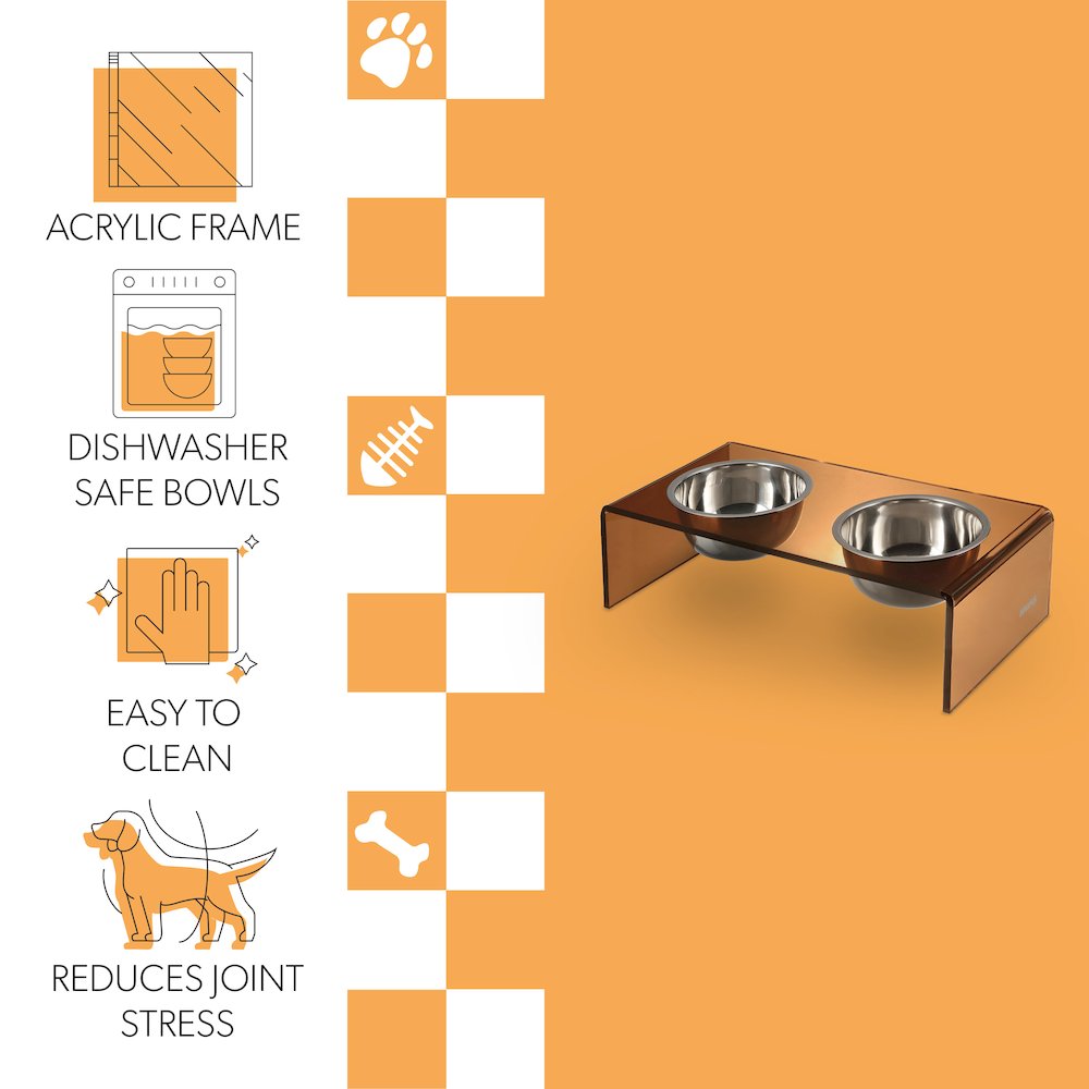 7.5" Rectangular Elevated Pet Feeder, 54oz 2-Stainless Steel Bowls, Amber