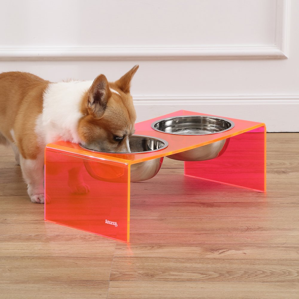 7.5" Rectangular Elevated Pet Feeder, 54oz 2-Stainless Steel Bowls, Pink