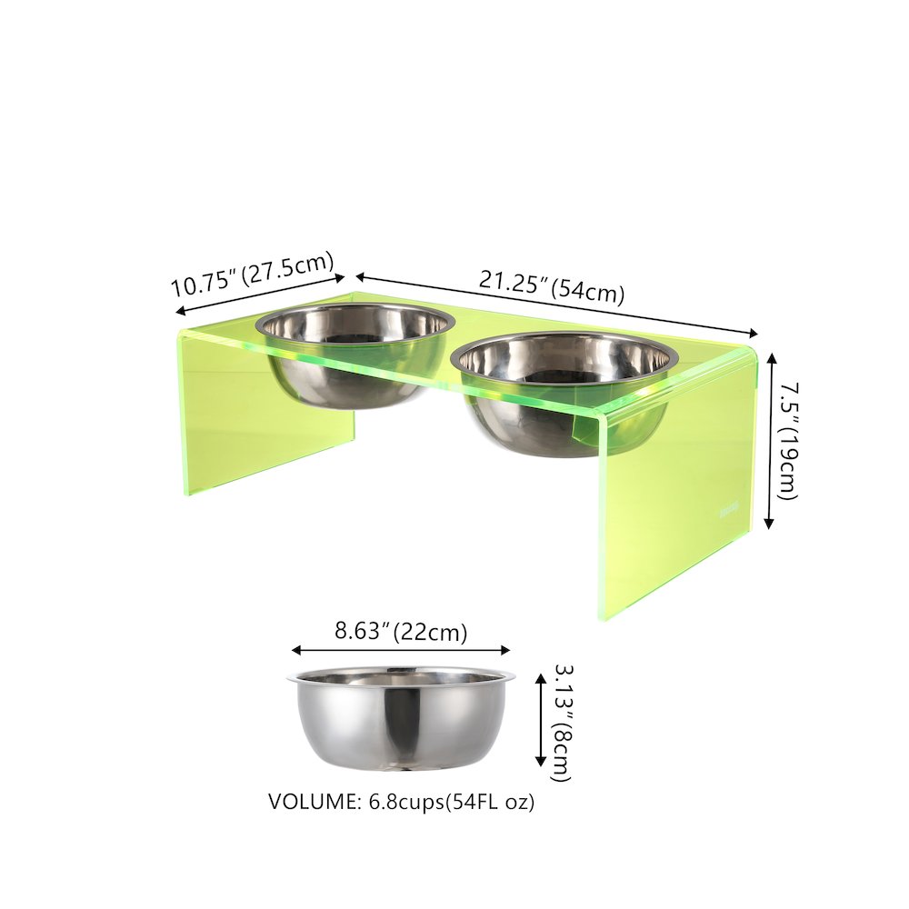 7.5" Rectangular Elevated Pet Feeder, 54oz 2-Stainless Steel Bowls, Green