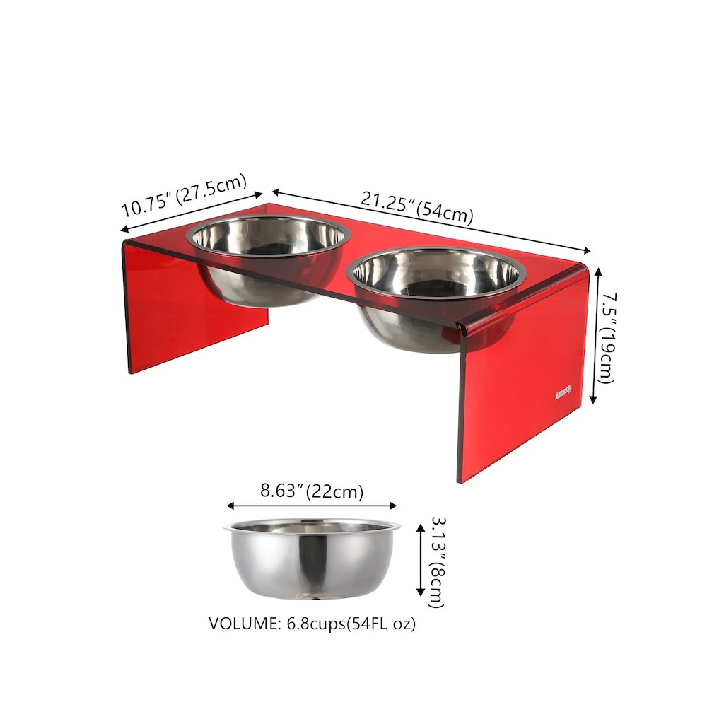 7.5" Rectangular Elevated Pet Feeder, 54oz 2-Stainless Steel Bowls, Red